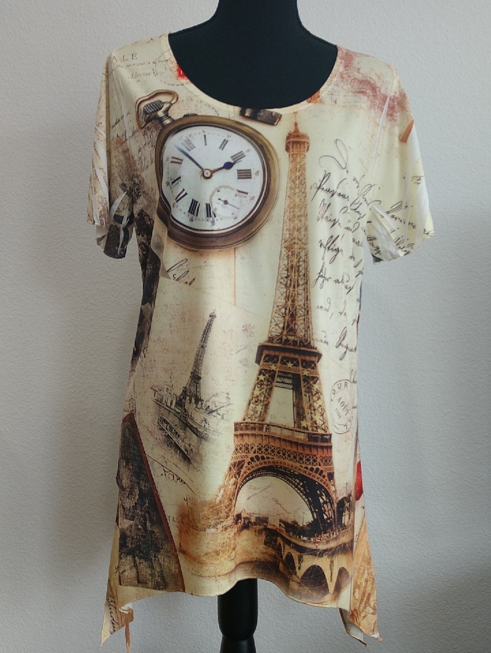 Paris Print Short Sleeve Tunic Top - Beige